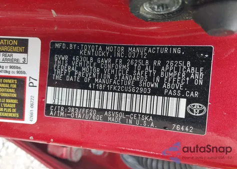 2012 Toyota Camry Se из США, поврежденный, VIN 4T1BF1FK2CU562903